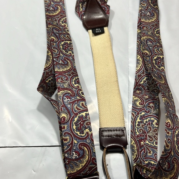 Paisley brown silk Suspenders blue burgundy cream Leather button strap Braces OS - Picture 3 of 9